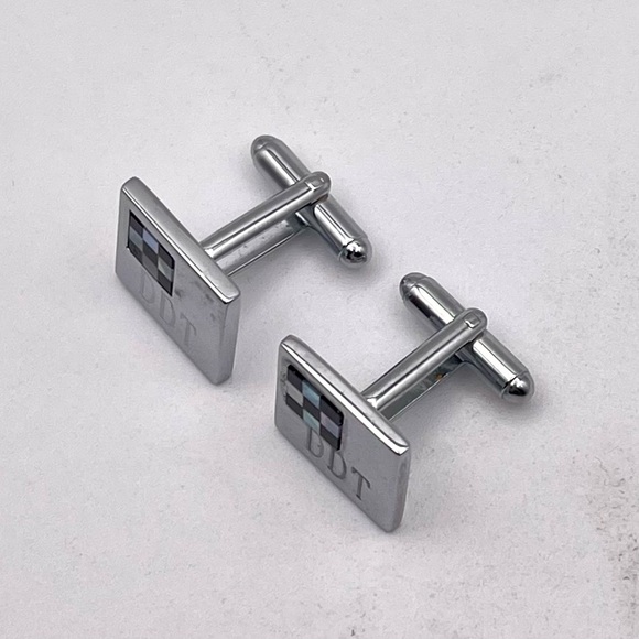 Silver Cufflinks With Mother of Pearl and Onyx Checkered Flag DDT Engraving - Picture 8 of 11